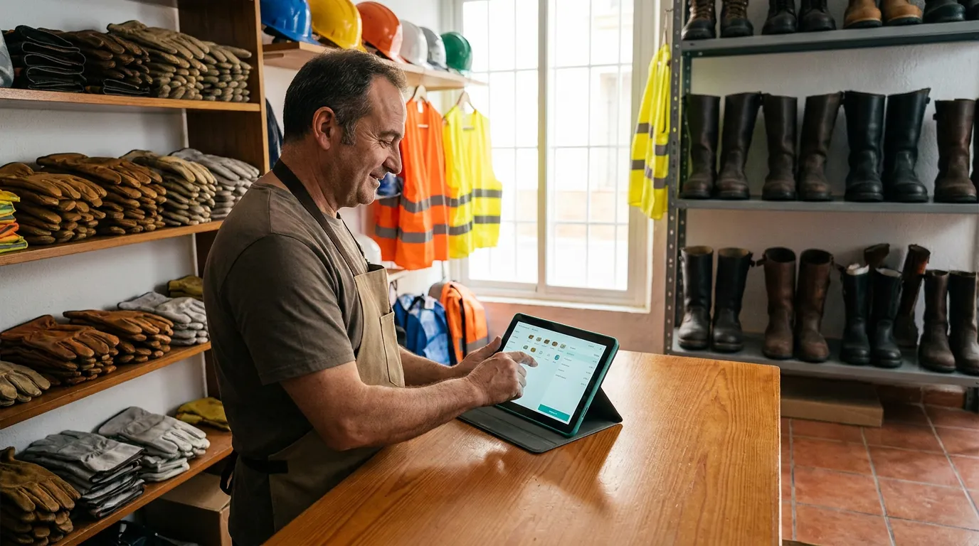 Tienda de EPIs y seguridad laboral usando Brema en una tablet